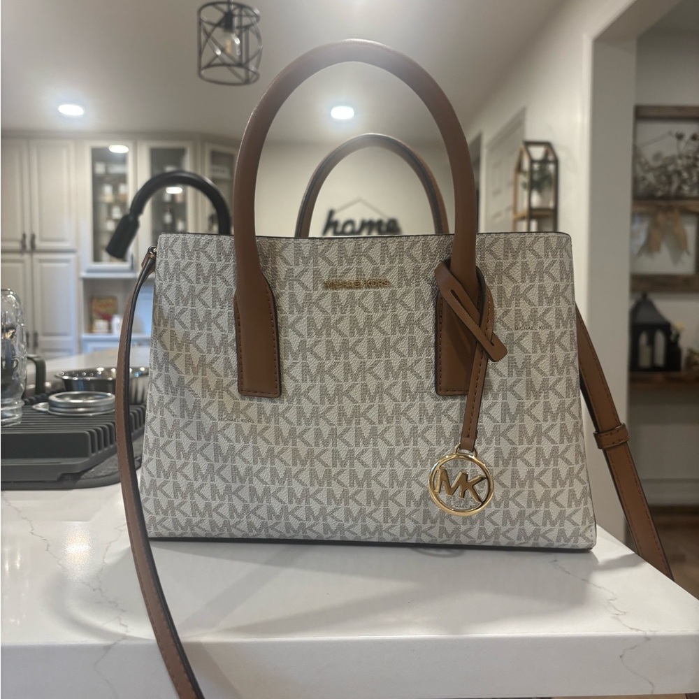 Michael Kors White and Brown Satchel with Signature MK Print